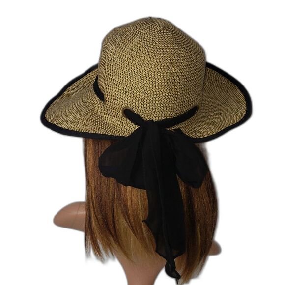 Shade Shack Tan Paper Straw Hat With Sheer Black Scarf Bow Womens Size S/M - Picture 3 of 9